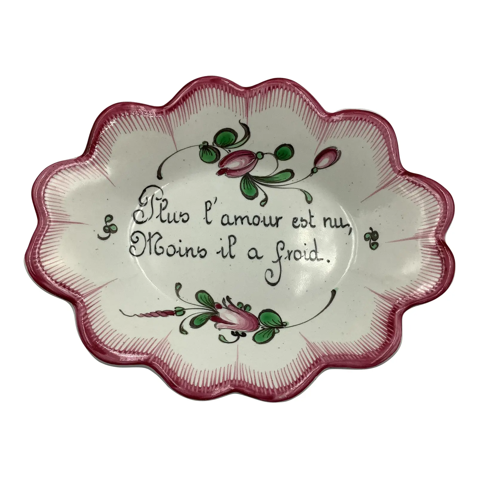 Vintage French Ceramic Scalloped Hand Painted Phrase Catchall Decorative Dish