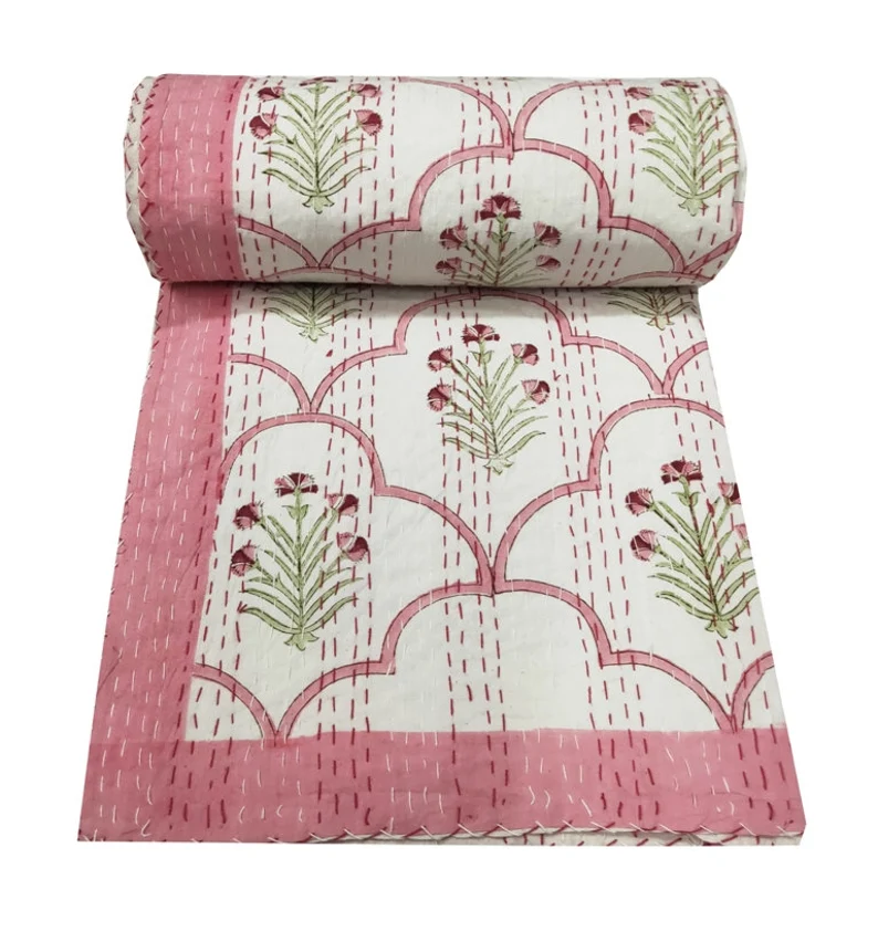 Pink Floral Handblock Printed Quilt Handmade kantha