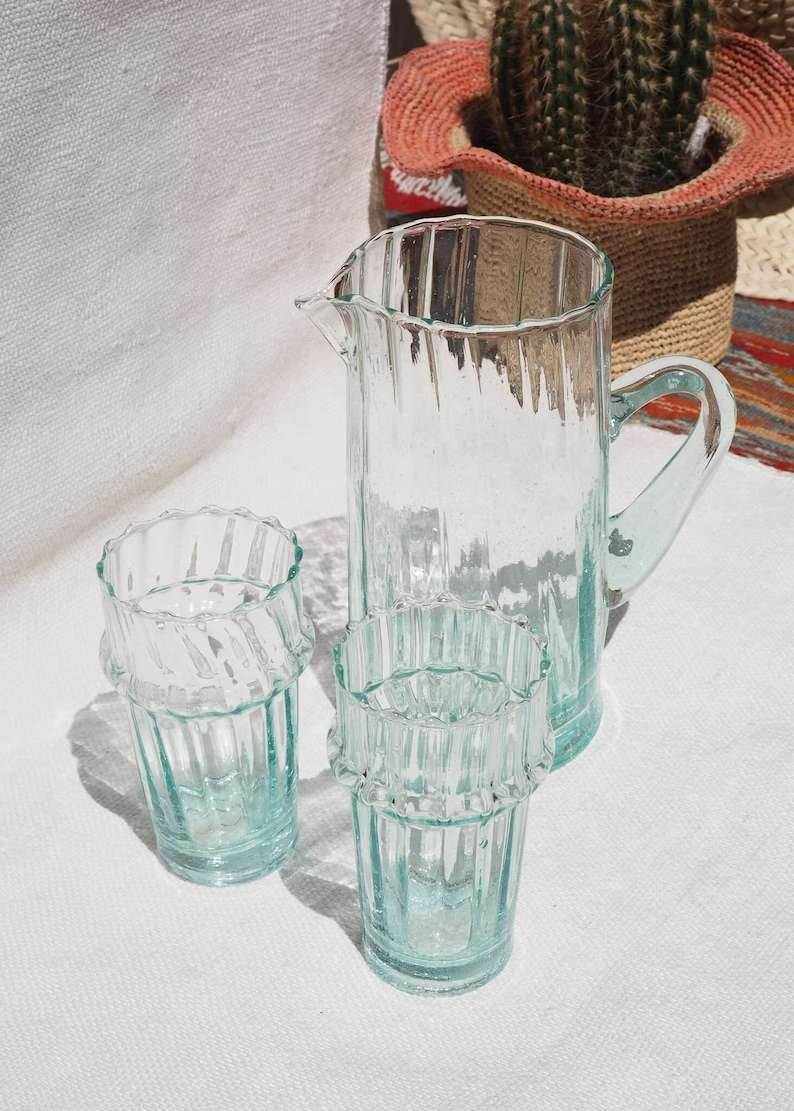 Recycled Moroccan Ribbed Textured Glass &amp; Pitcher