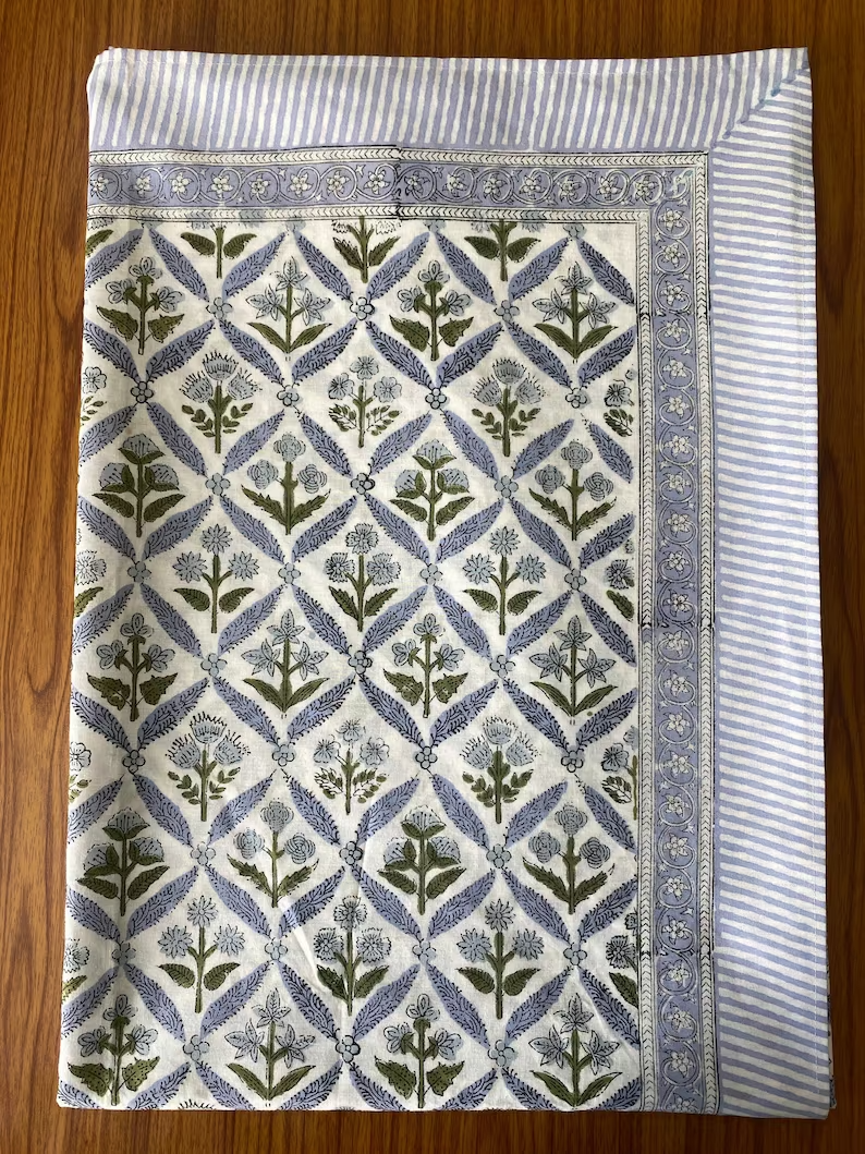 Light Steel Blue, Olive Green Hand Block Printed Cotton Tablecloth