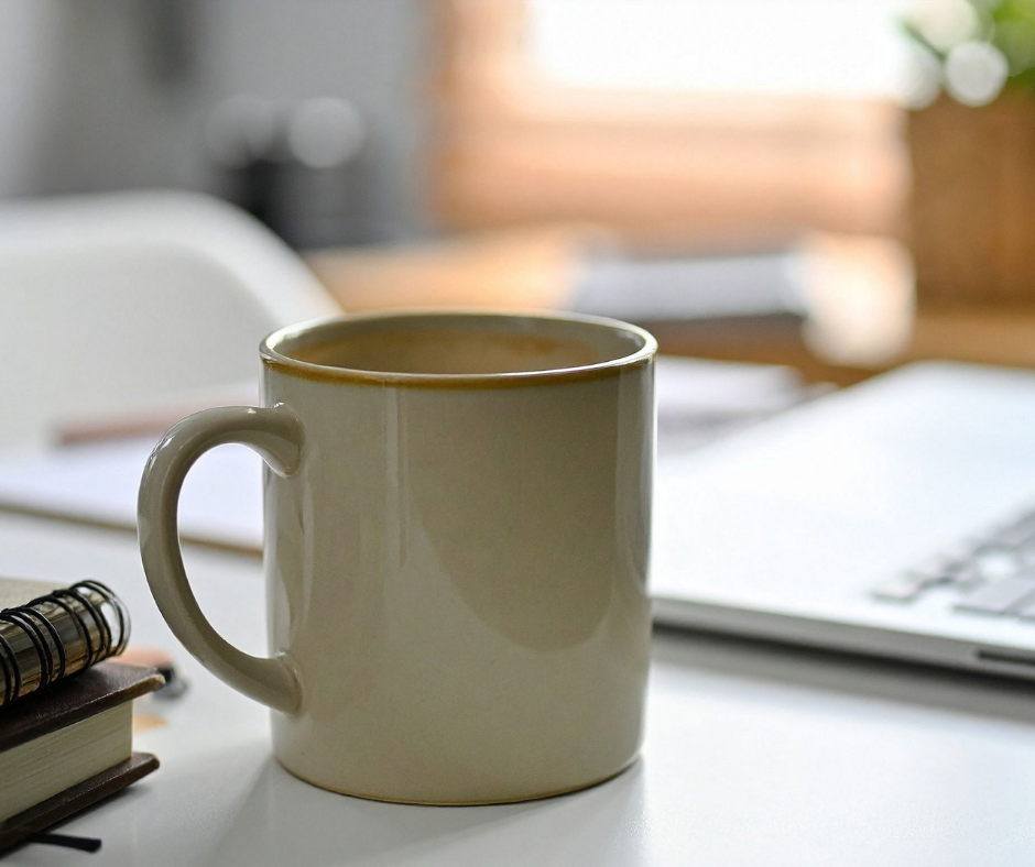 A white ceramic mug filled with coffee on a white desk, with notebooks and open papers nearby, and a blurred background of a sunny room with a window and a plant.