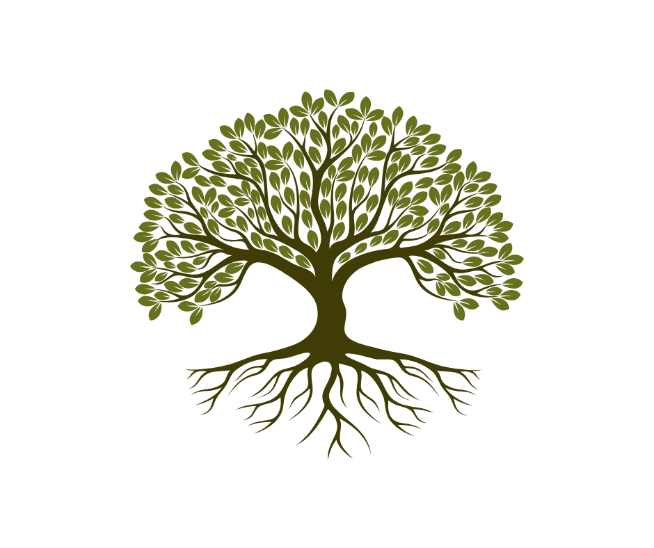 A graphic illustration of a tree with a thick trunk, numerous leafy branches, and a detailed root system, set against a black background.