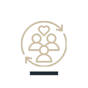 Icon of three people with a heart and circular arrows symbolizing community or support.