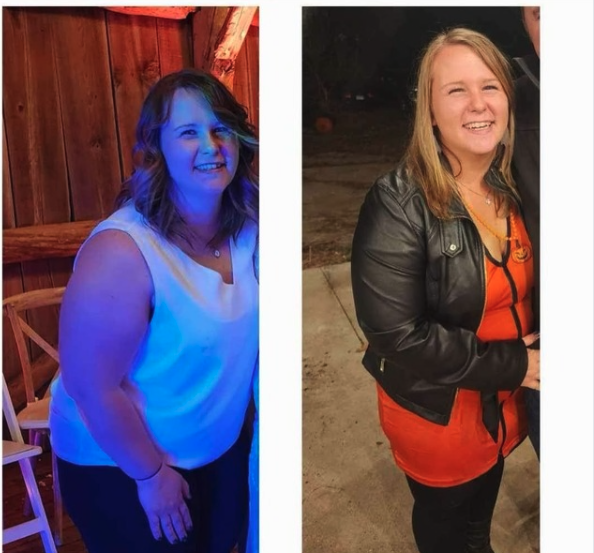 Side-by-side photos of the same woman before and after weight loss, smiling outdoors at night in both images.