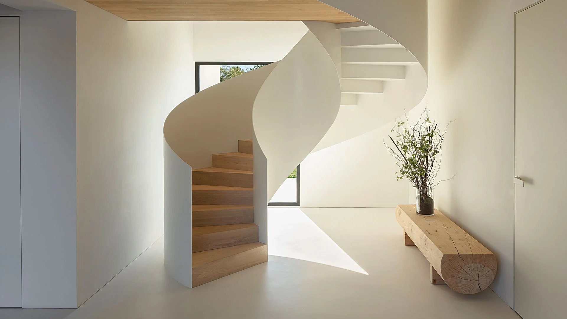 Minimalist interior with a curved white staircase and floor covered in microcement, wooden steps, a wooden bench with a glass vase and green plant, and a large window in the background.