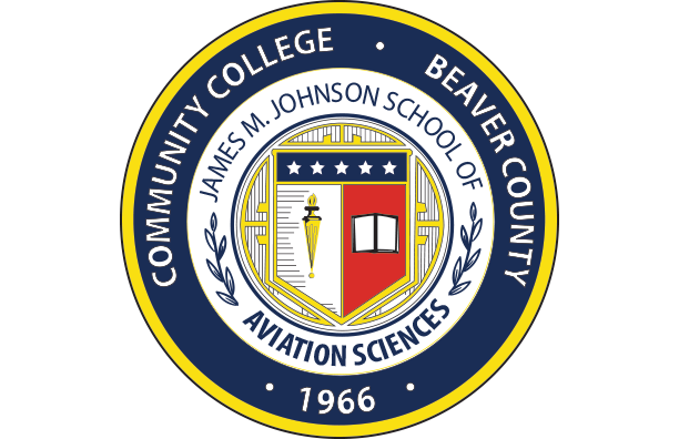 Seal of the James M. Johnson School of Aviation Sciences at Community College Beavers County, established in 1966, featuring a shield with a torch, stars, a book, and a red and black background, surrounded by a blue and yellow circular border with text.