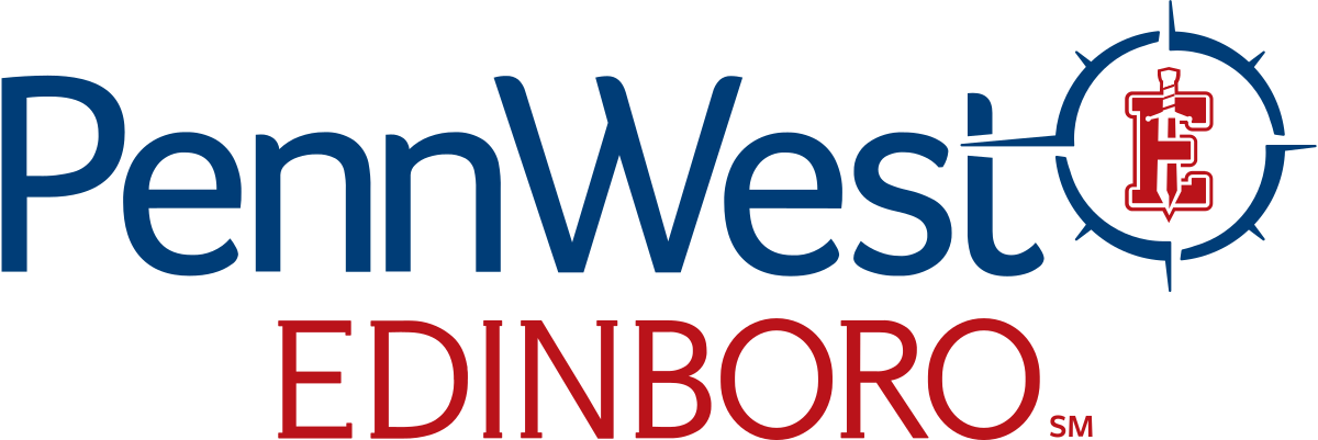 Penn West Edinboro logo featuring the university's name, with 'Penn West' in blue and 'Edinboro' in red, and a stylized letter E inside a compass symbol.