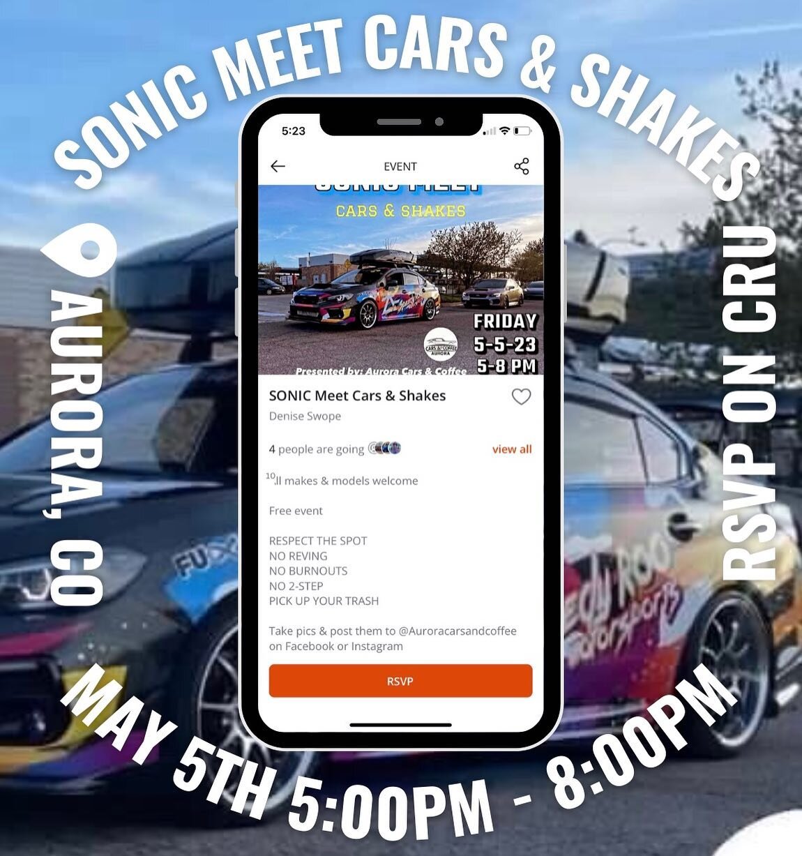 This Friday May 5th @auroracarsandcoffee 

Don&rsquo;t miss out! Go RSVP and find all the details on CRU App! 

Download for free on the App Store and Google Play Store! 

#CRUapp #CRUcars #CRUfam #CRUcommunity #CRU #carmeet #carapp #cars #carsandcof