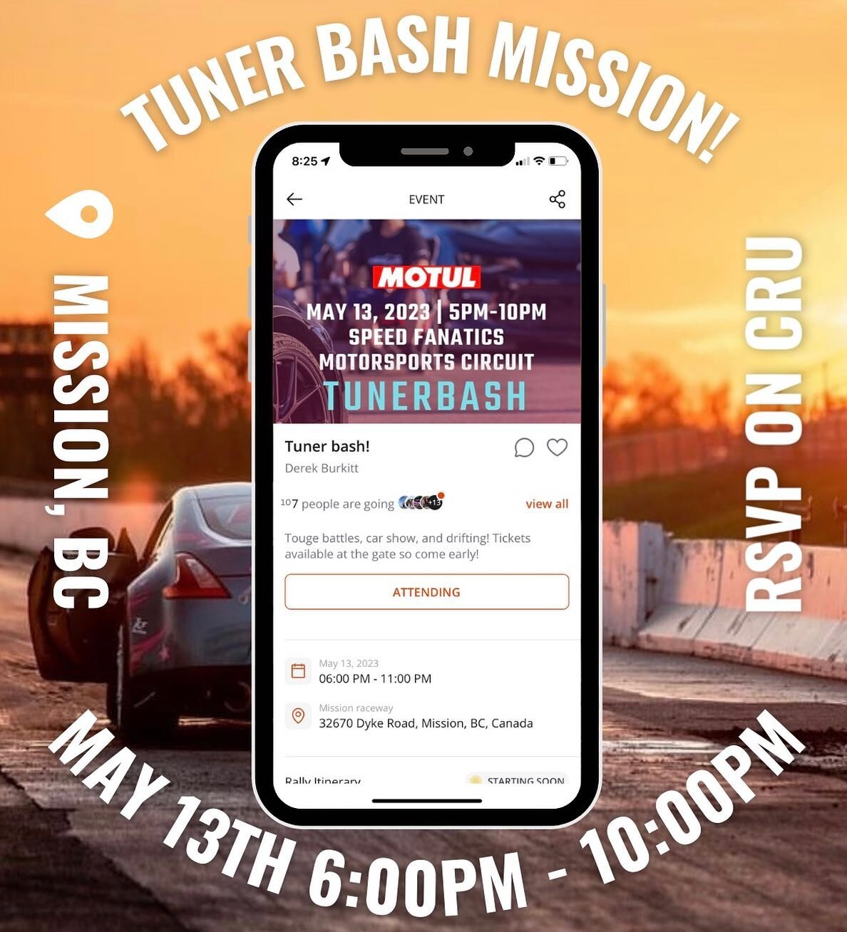 @tunerbashcanada is at @missionraceway this Saturday! 

RSVP on CRU App! Download for free on the App Store &amp; Google Play Store! 

#CRUapp #CRUcars #CRUfam #CRU #CRUcommunity #carshow #drifting #carmeet #carevent #missionraceway #mission #carsofi