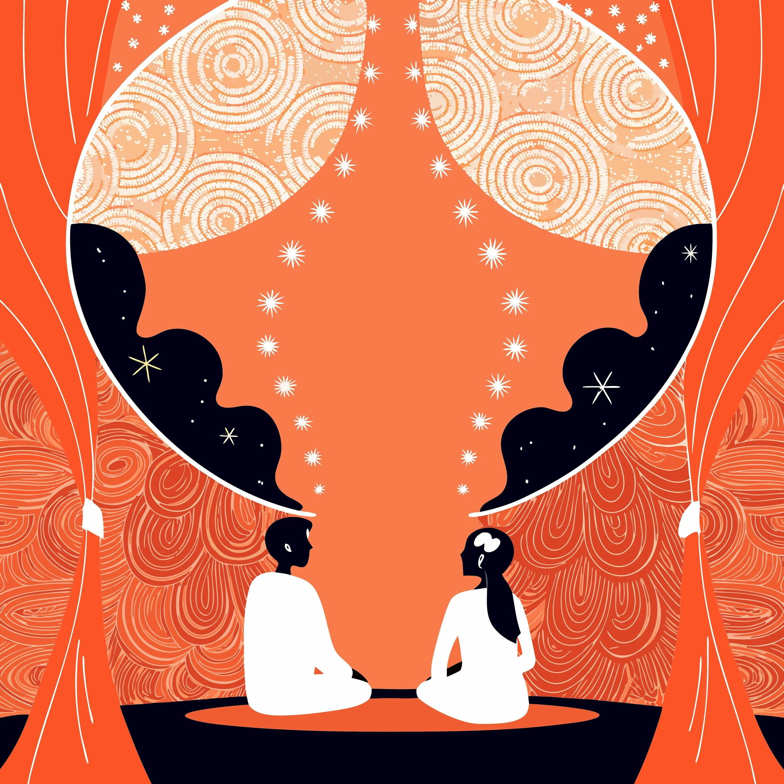 drawing of two people sitting and sharing stories as they merge into 1 idea