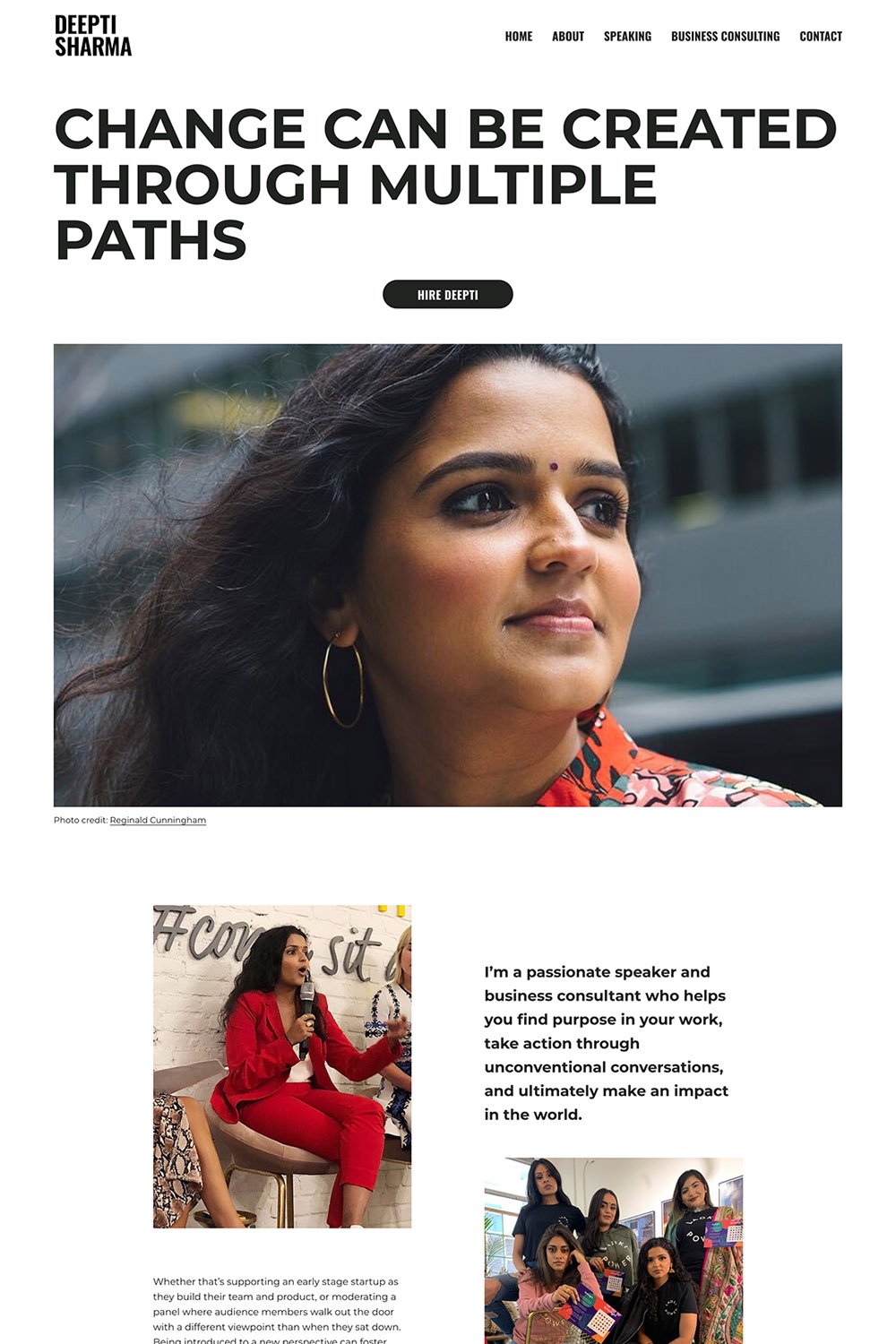 Deepti Sharma's website homepage layout