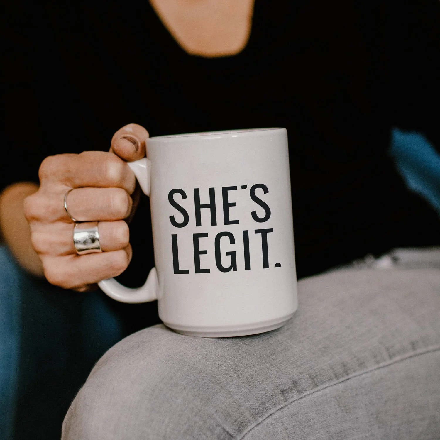 she's legit logo design on white mug