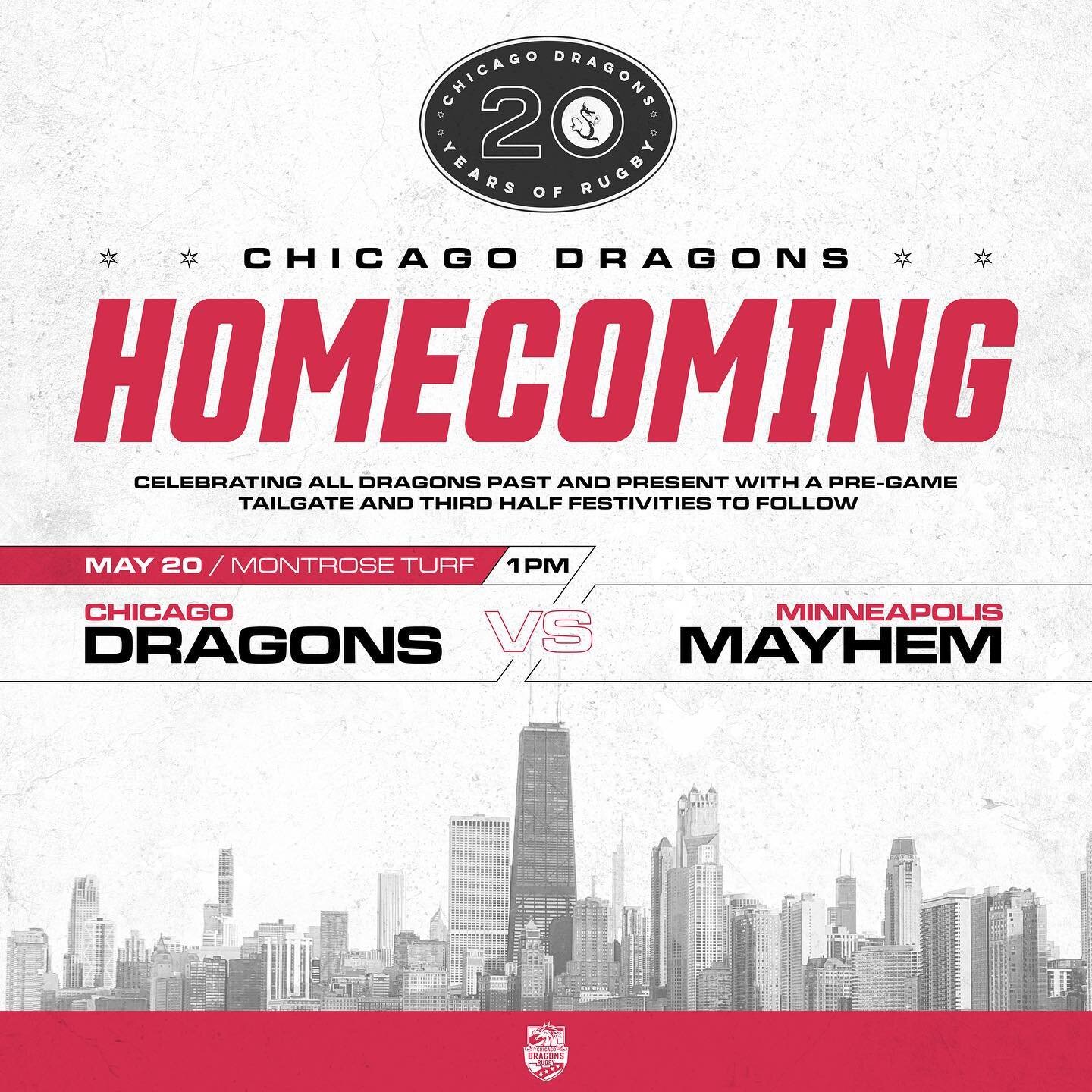 Join us next Saturday, May 20th as we celebrate 20 years of inclusive rugby in the Windy City with a homecoming game against @mayhemrugby ! Festivities include a pre-game alumni tailgate for all friends, fans and former players at Montrose Turf Field