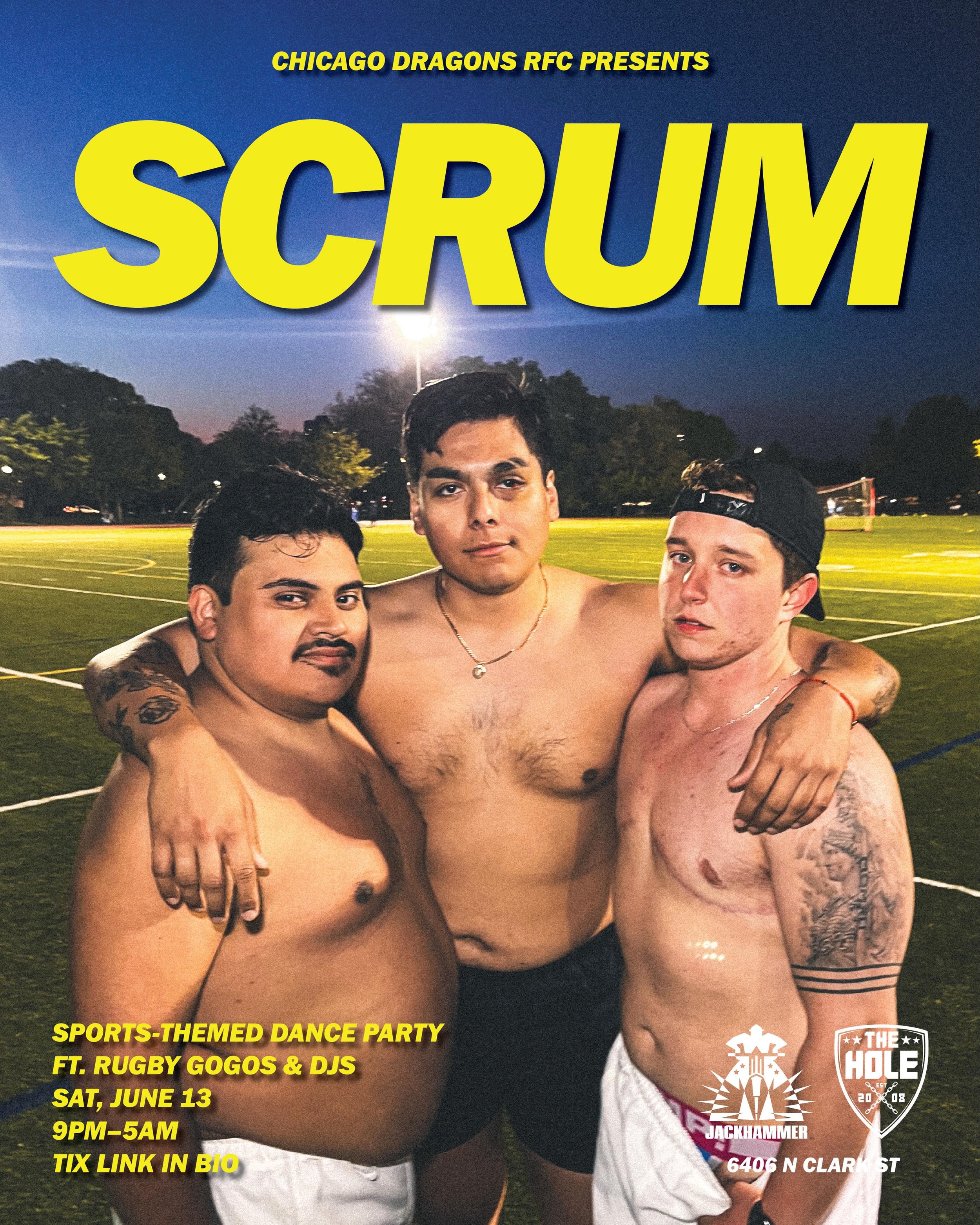 🏳️&zwj;🌈 SCRUM: Pride Edition
Sat, June 13
9pm&ndash;5am

We&rsquo;re taking over @jackhammer_chicago and @thehole_chicago once again for SCRUM. Come send us off to  Brisbane in style, rugger gogos and djs all night.

Ticket link in bio.
