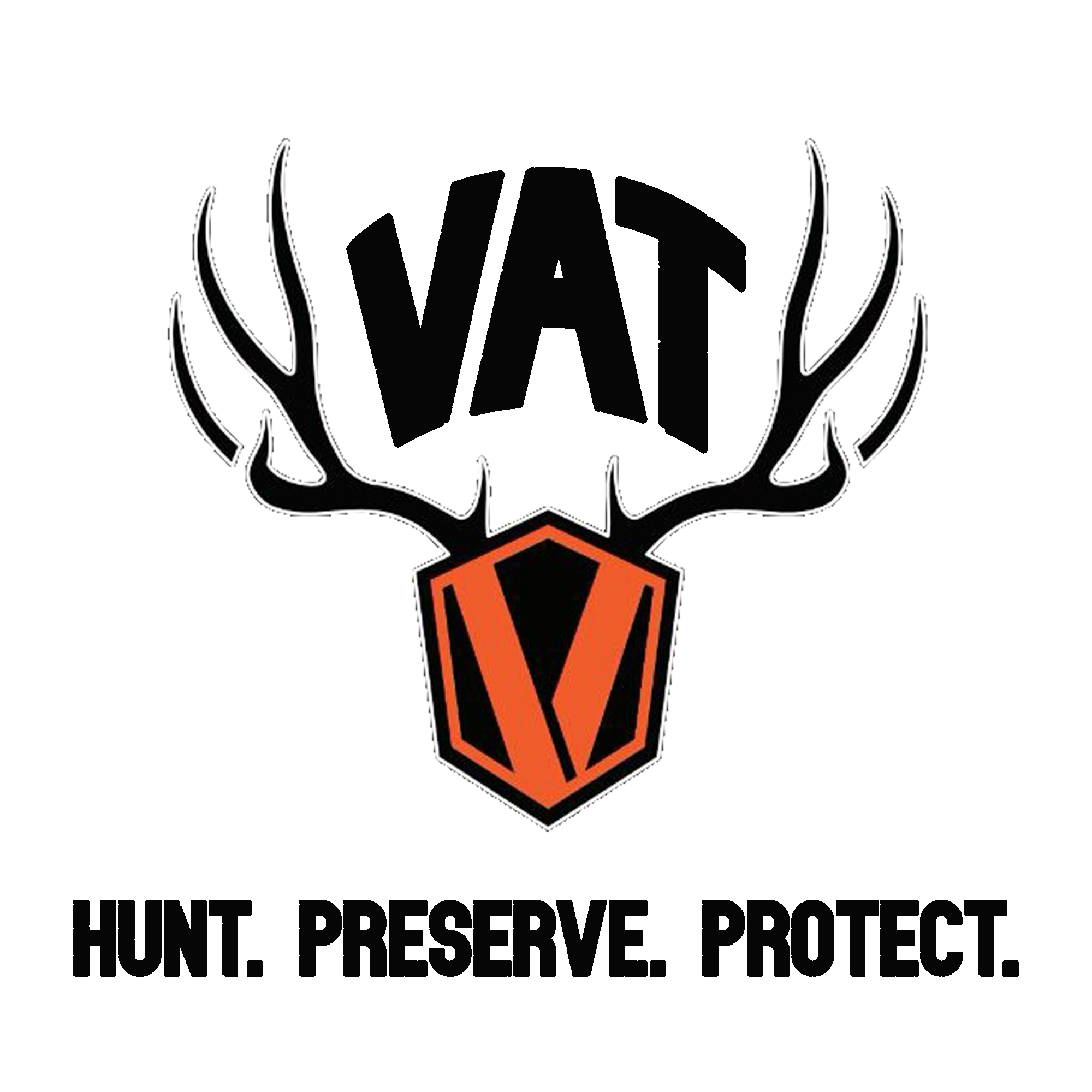 Logo featuring a stylized deer head with antlers, the letters VAT above the head, and the words "HUNT. PRESERVE. PROTECT." below.