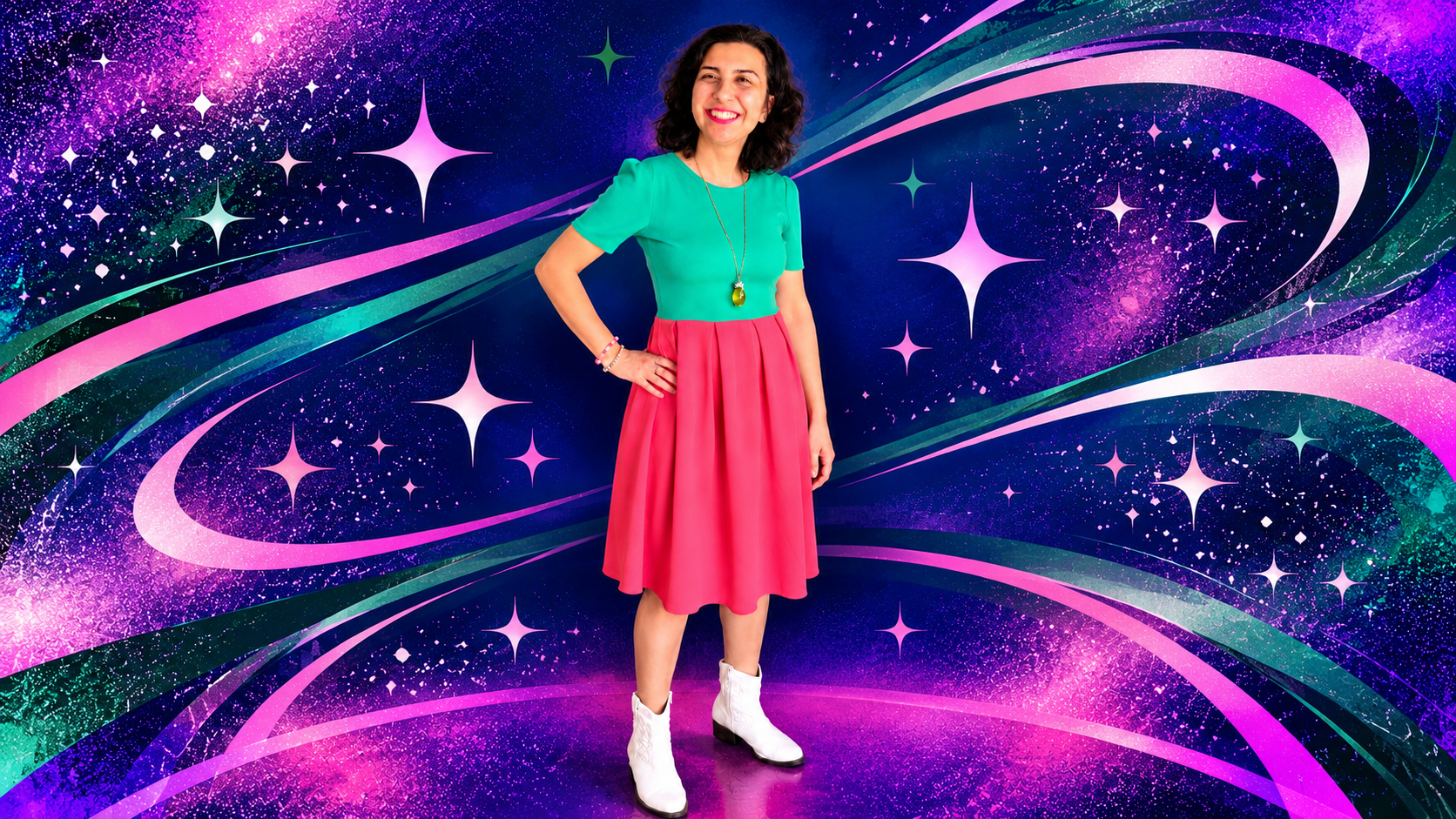 Natalie V Garcia in a green and pink color-blocked dress posing against a colorful galaxy background.