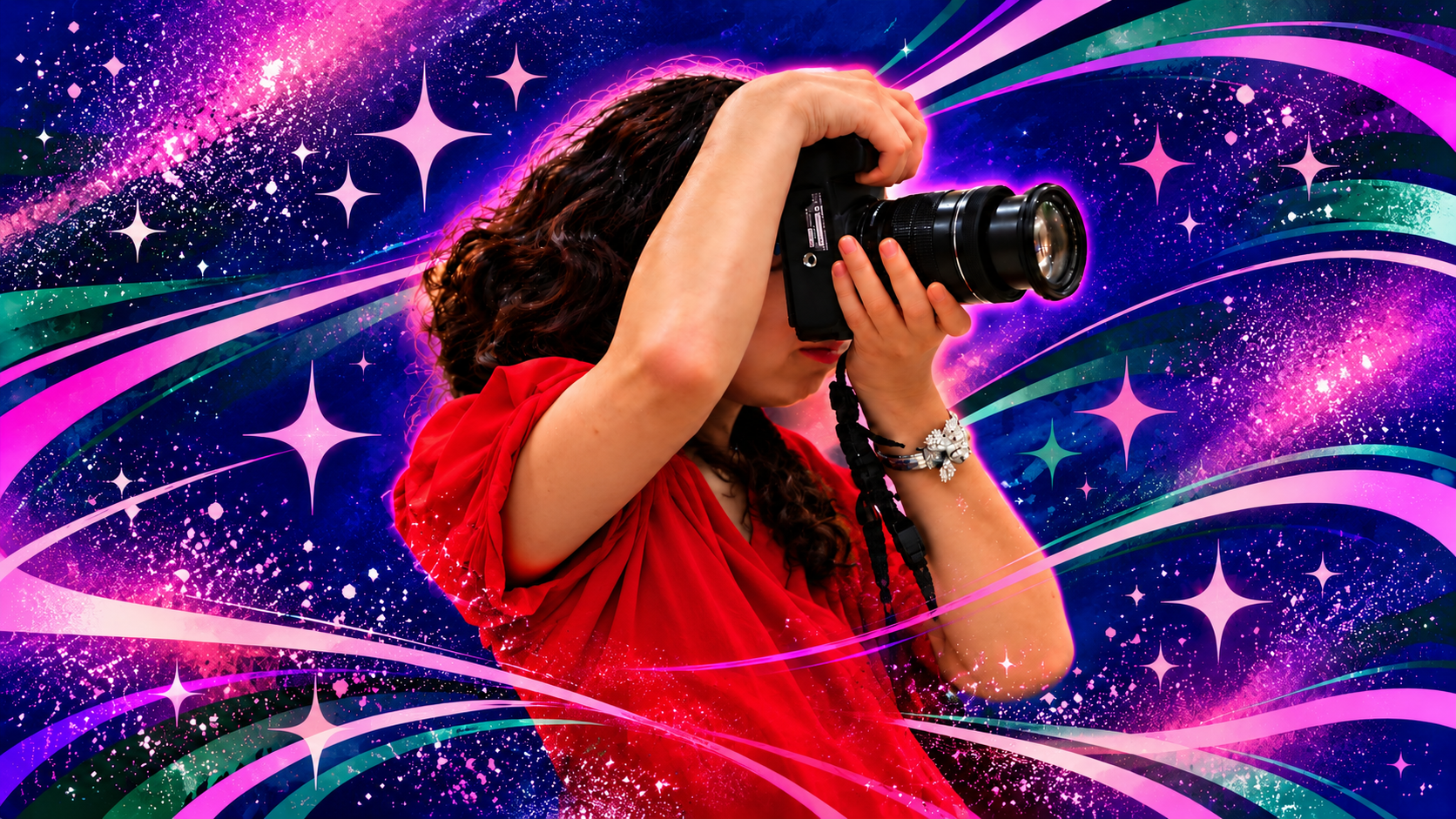 Natalie V Garcia, a creative and photographer, taking a photo with a camera against a purple galaxy background.