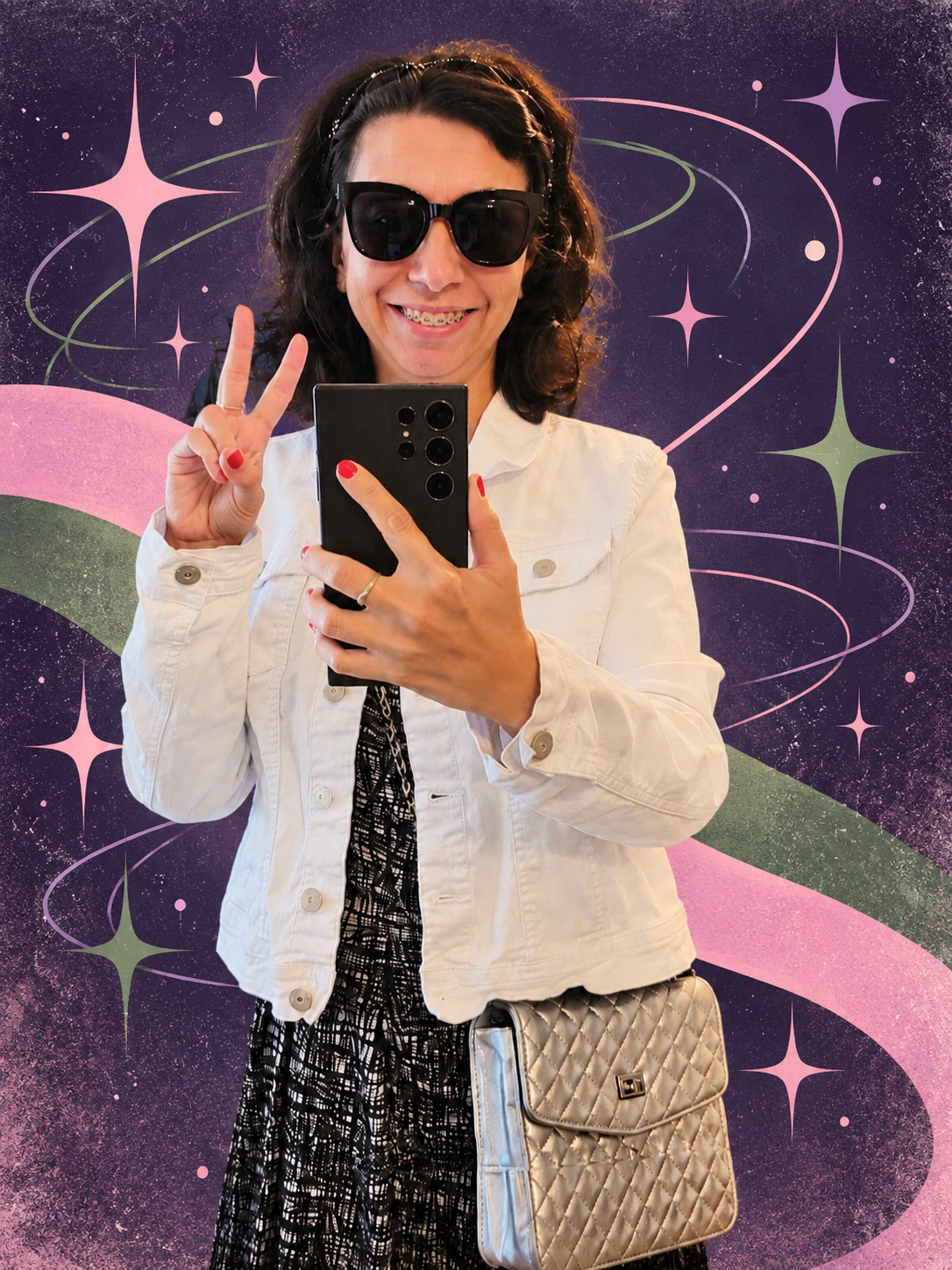 Natalie V Garcia in a white jacket throwing a peace sign against a cosmic background.