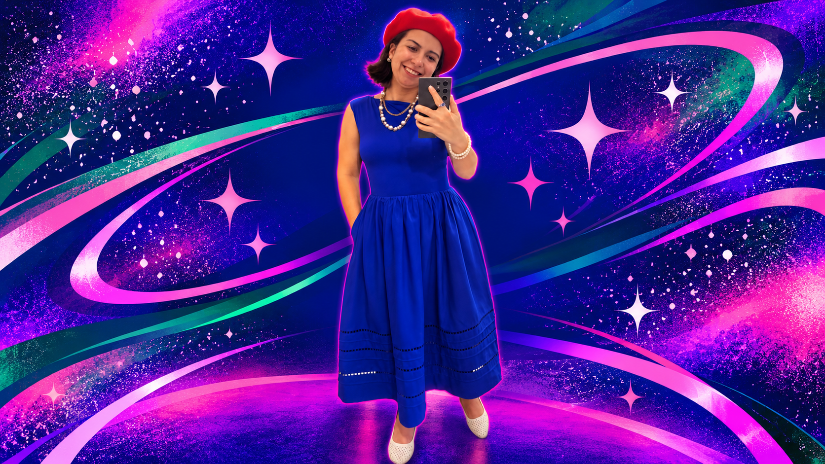Natalie V Garcia is taking a selfie in a colorful, galaxy-inspired background with stars and swirling patterns. She is wearing a blue dress, a red beret, and pearl jewelry.