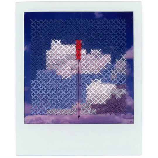 Off/On the Hook, stitched Polaroid print