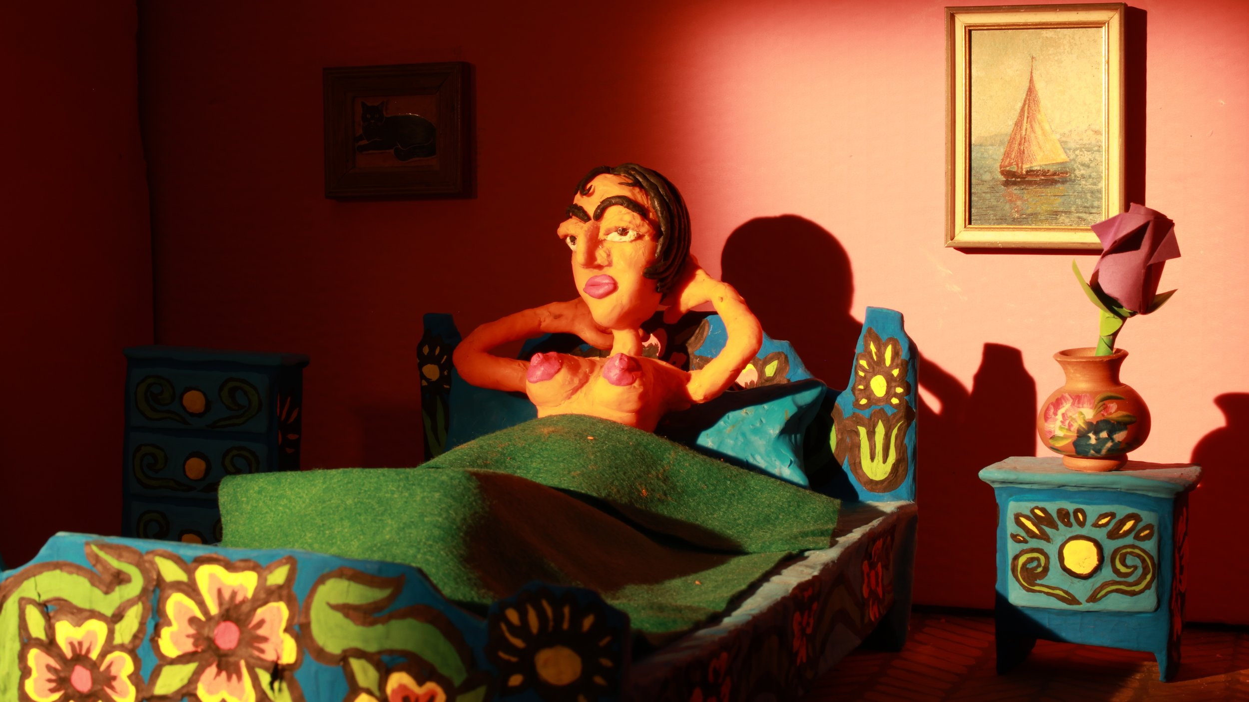 Still from current work in progress "The Wind Opened my Window and Blew me Into the Street". A stop motion short that will be completed Spring 2025.