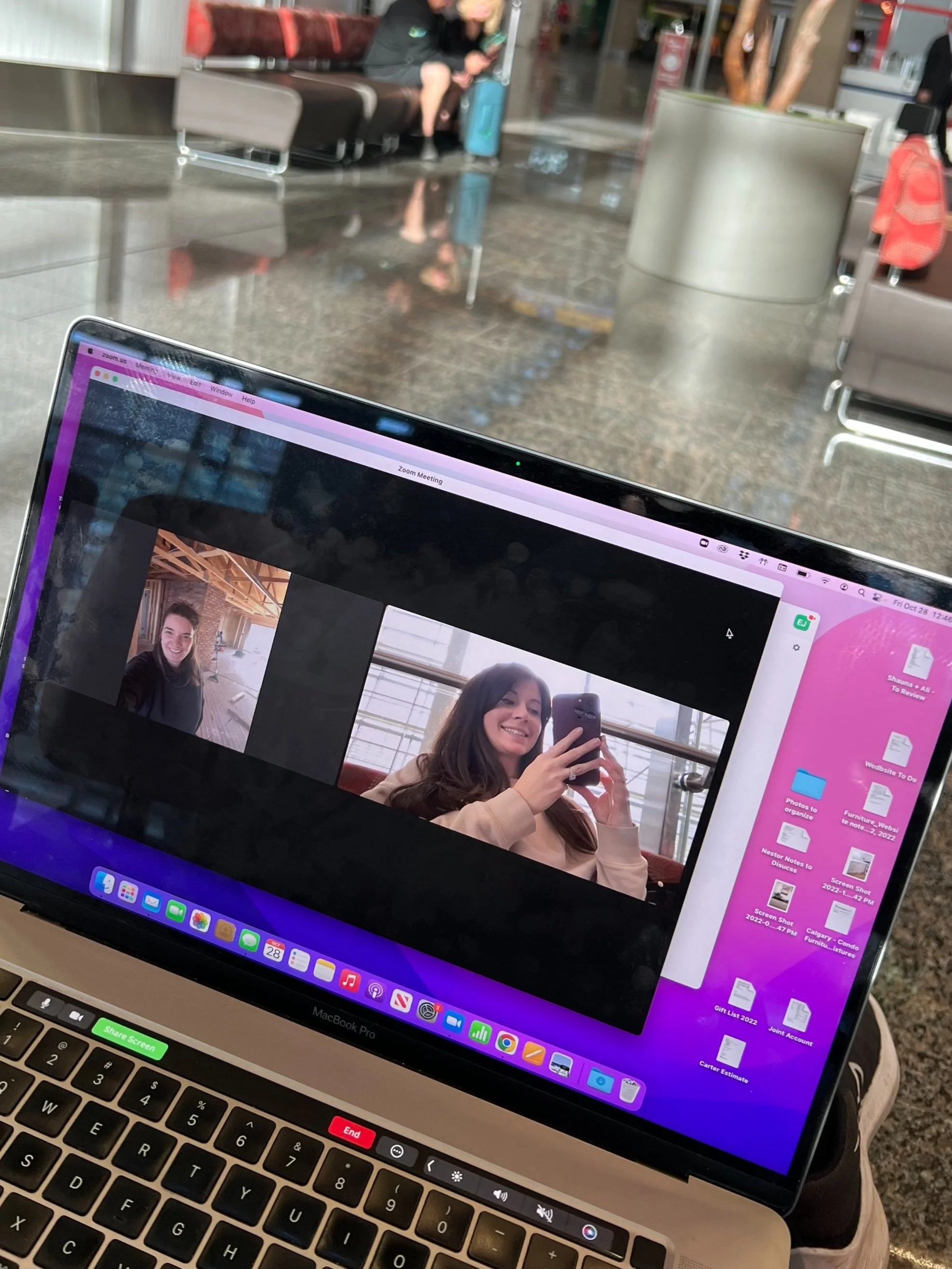 Female entrepreneurs on zoom while in remote locations such as an airpot and site visit for interior renovation