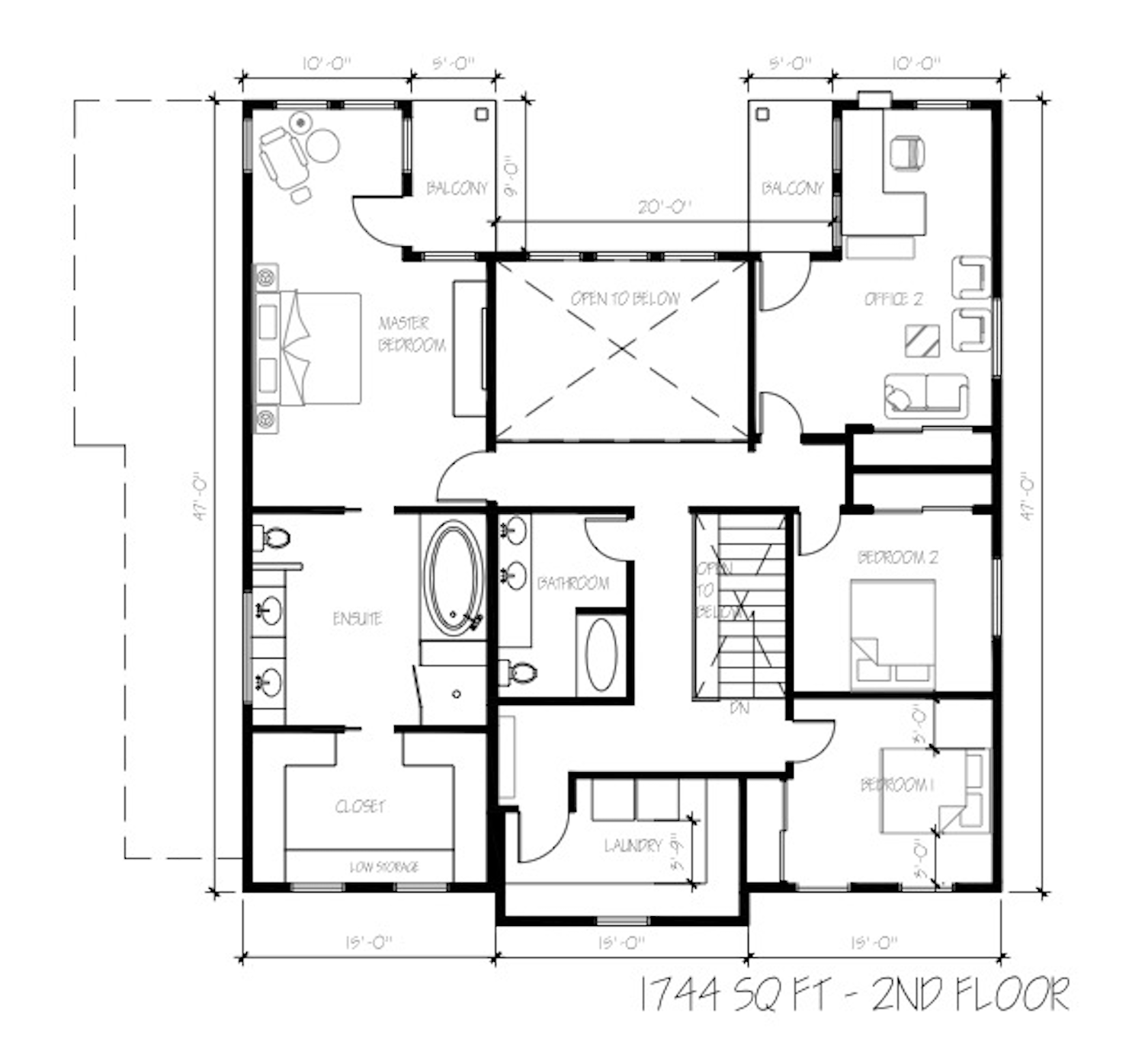 An interior floor plan of the upper level of a new build home