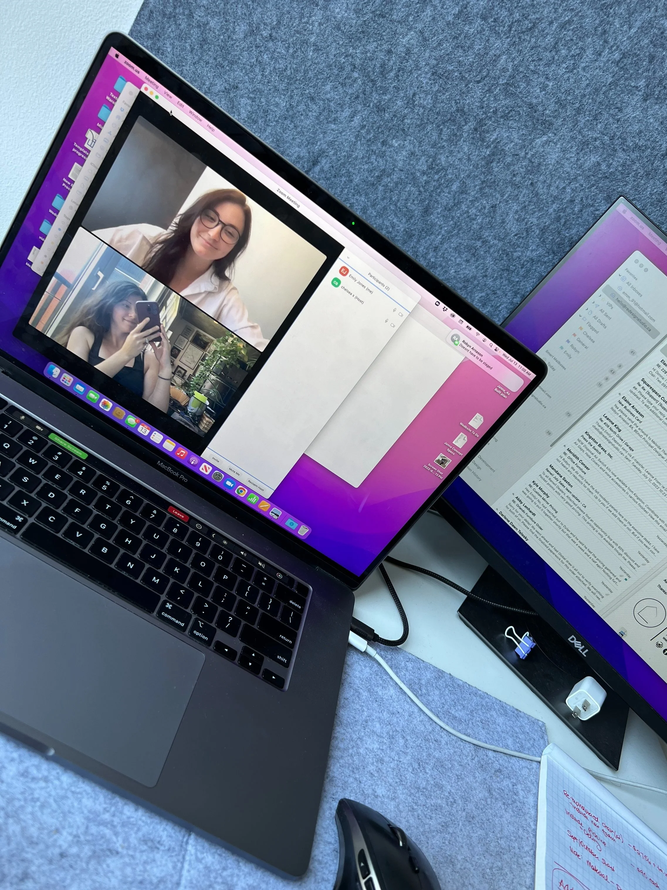 Team members on zoom with multiple desktops for utiizling work space