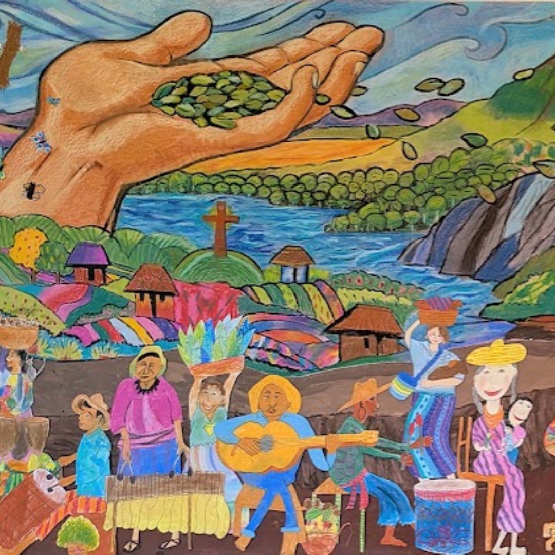 This Easter, the first through fourth grades of the Woodcrest school performed selections from Carlos Mejia Gody's Misa Campesina Nicaraguense. Students created a mural in their art class, bringing the music to life in visual form:
 Lord you are the 