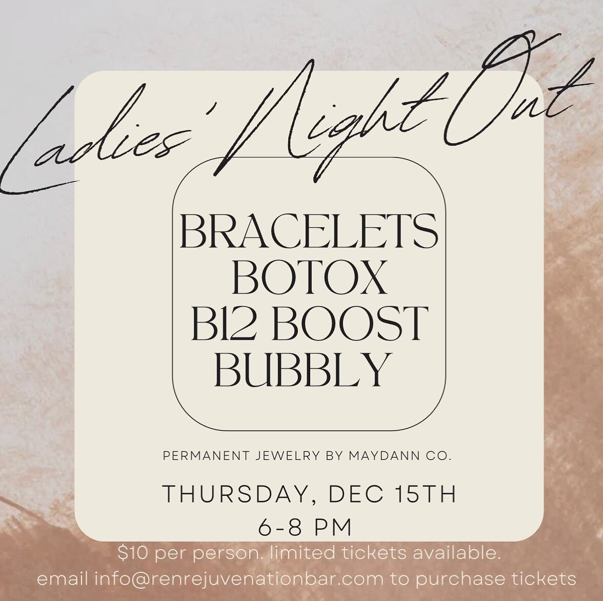 Join us Thursday, Dec 15th from 6-8 pm for Ladies&rsquo; Night Out!

✨ Permanent jewelry for purchase offered by @maydannco 
✨ RENtox discounted to $11/unit 
✨ All vitamin injections $20

Bubbly + light snacks will be served 🥂

Email info@renrejuven