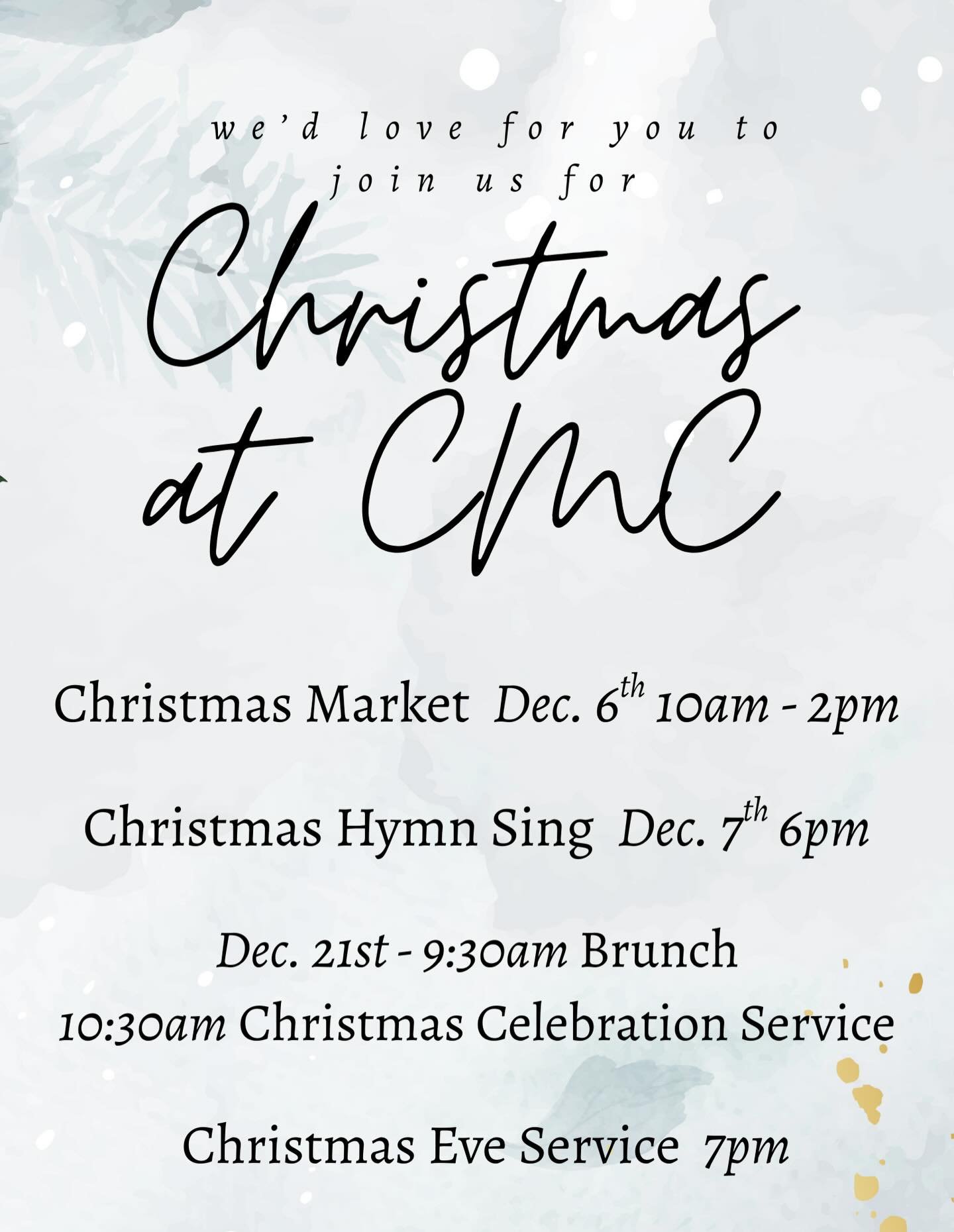 We&rsquo;d love for you to join us for Christmas at CMC! 
We have plenty of ways to for you to join in as we celebrate this Christmas season..

🎄 Christmas Market, Dec 6th from 10am - 2pm

🎶Christmas Hymn Sing, Dec 7th, 6pm

🎉Christmas Brunch &amp