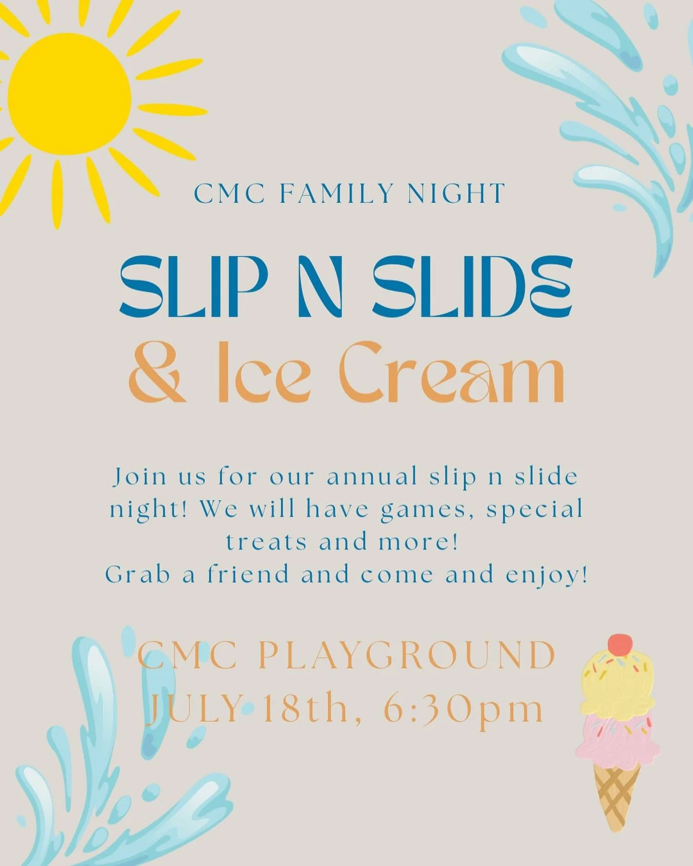 We&rsquo;re so excited for our friends &amp; family night coming up on Friday, July 18th! This will be the best way to end the week of VBS together enjoying a huge slip n slide, ice cream, cotton candy and more! Bring a friend &amp; the whole family 