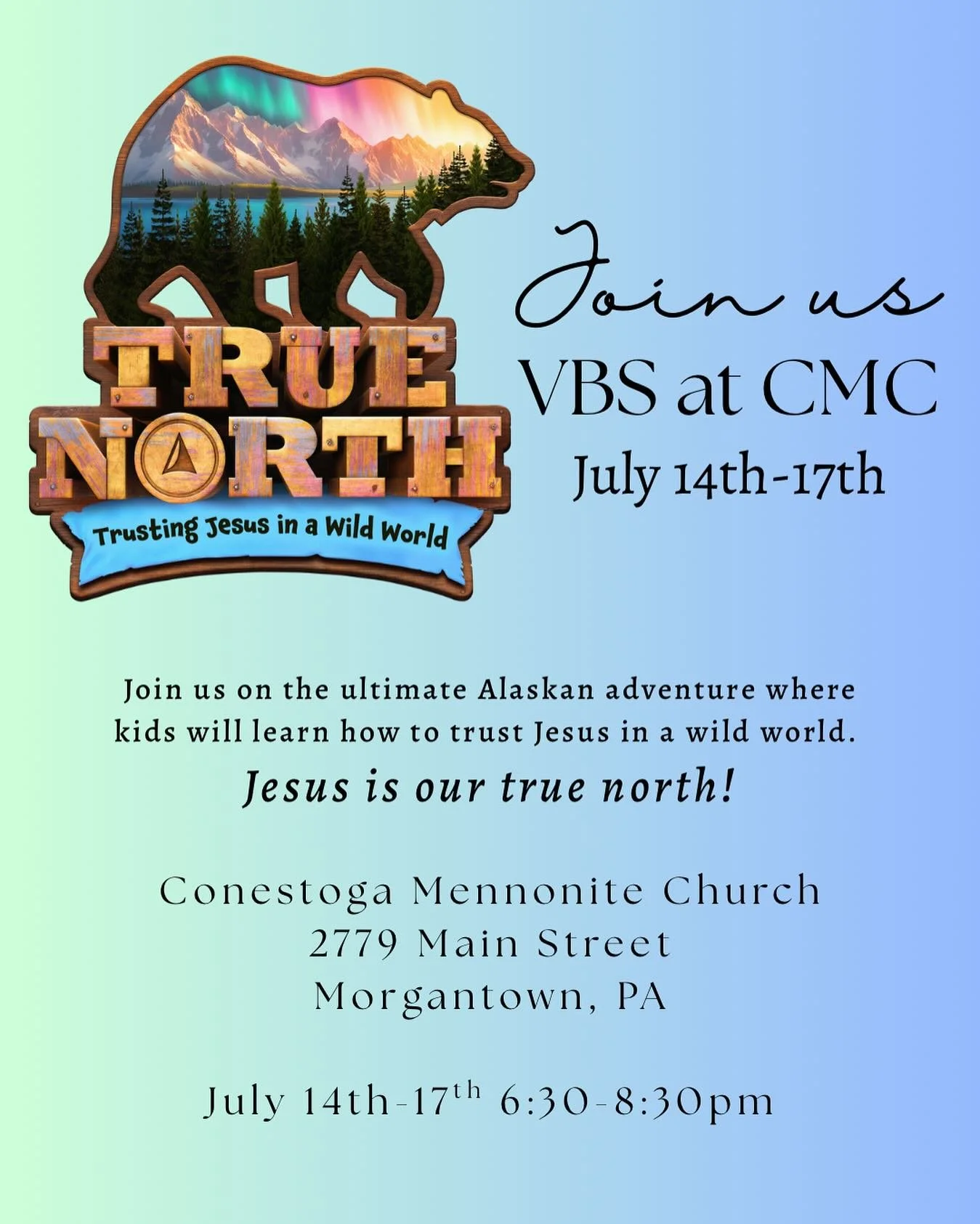 Registration for VBS is now open! 

Join us this summer on the ultimate Alaskan adventure where northern lights glow over majestic mountains, racing rivers, and glistening glaciers. As kids trek the tundra, they&rsquo;ll explore how easy it is to los