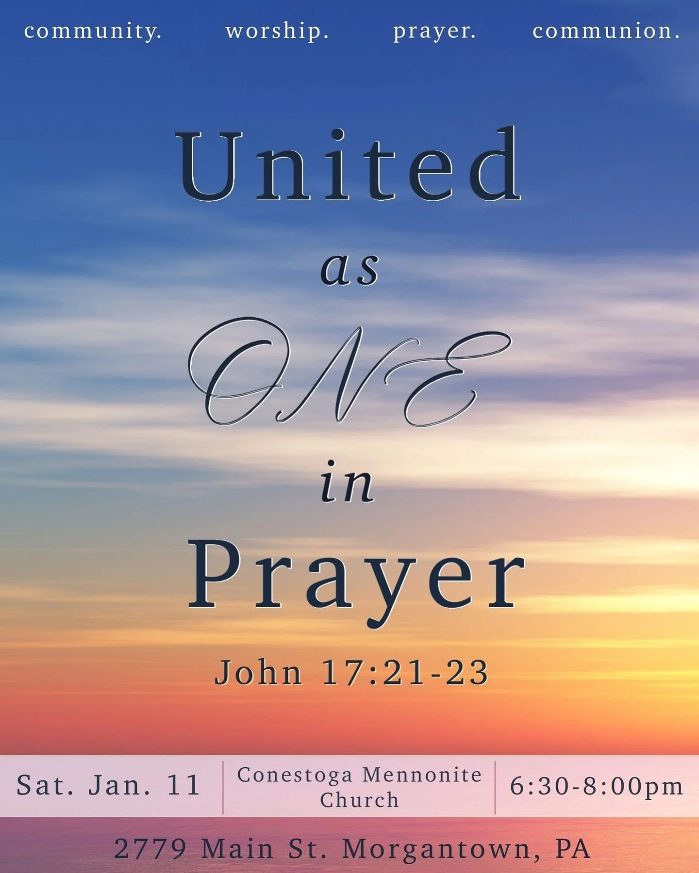 Join us this Saturday at 6:30pm for a chance to Unite in Prayer. This is an opportunity for Morgantown churches to unite together in prayer for our community.

We will have worship and communion together, and small group prayer time in the pews. 

We