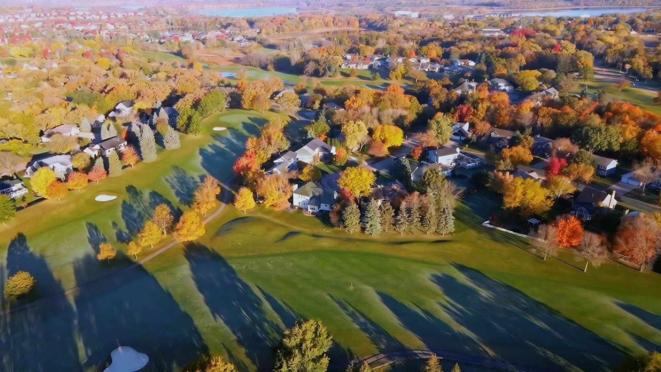 Aerial view of the Deer Run neighborhood and golf course in Victoria, MN in the fall