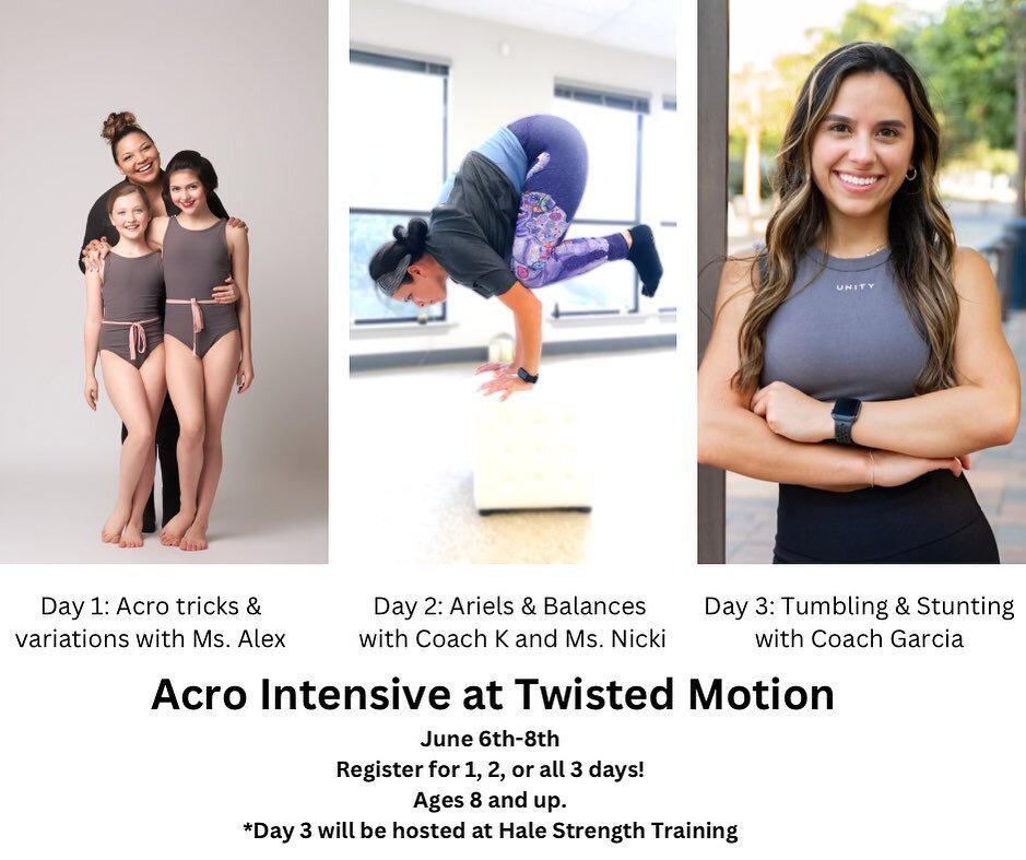 📣 Attention Acrodancers, Tumblers, and Cheerleaders!!! 📣

👉🏻Check out our Intensive Details!

💥3 Days of Acro tricks, tumbling, balancing, strengthening, stretching, stunting, jumping and more!!!💥

💥Guest instructors each day!!!💥

💥How are w