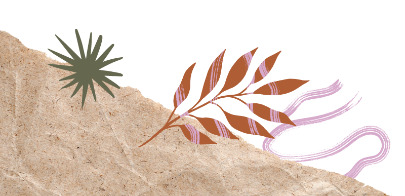 Collage with paper elements, illustrated flowers, and a green starburst