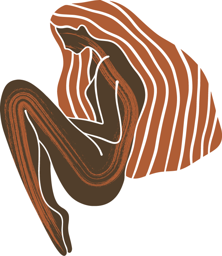 An illustrated woman lays, curled up, with orange hair