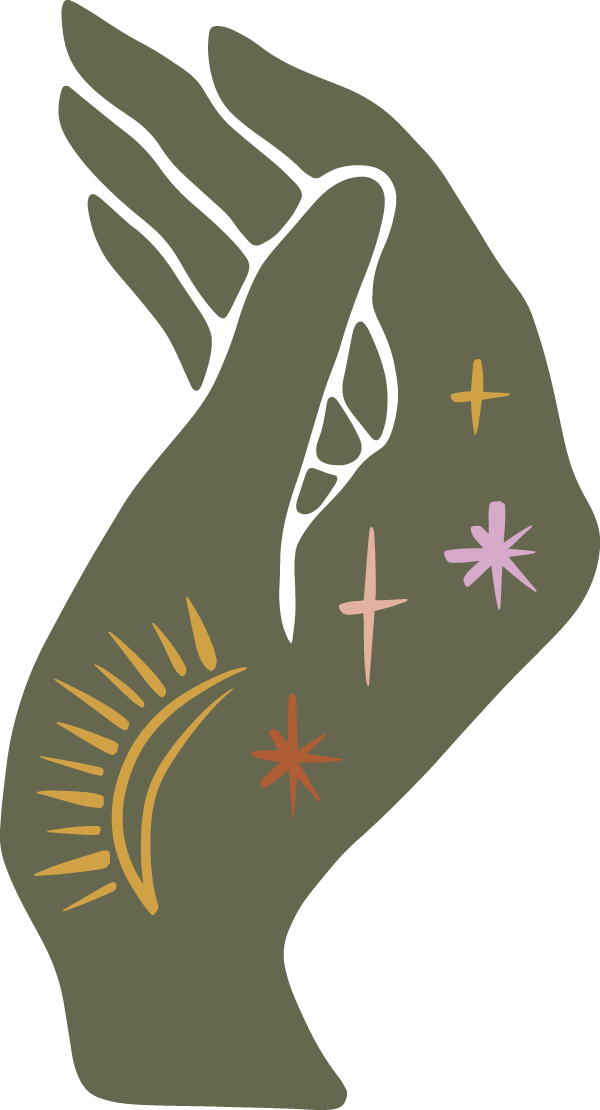 A green hand decorated by smaller multicolor illustrations