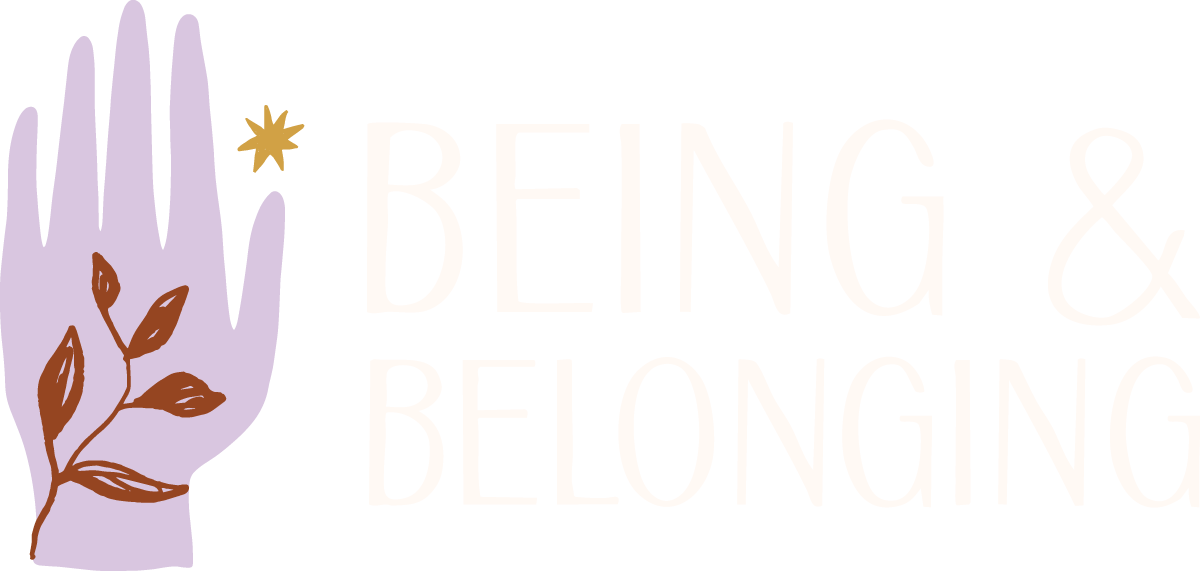 Being & Belonging logo with a purple hand illustration