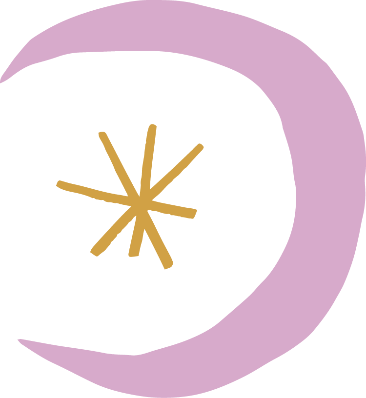 An illustration of a pink crescent moon and yellow star