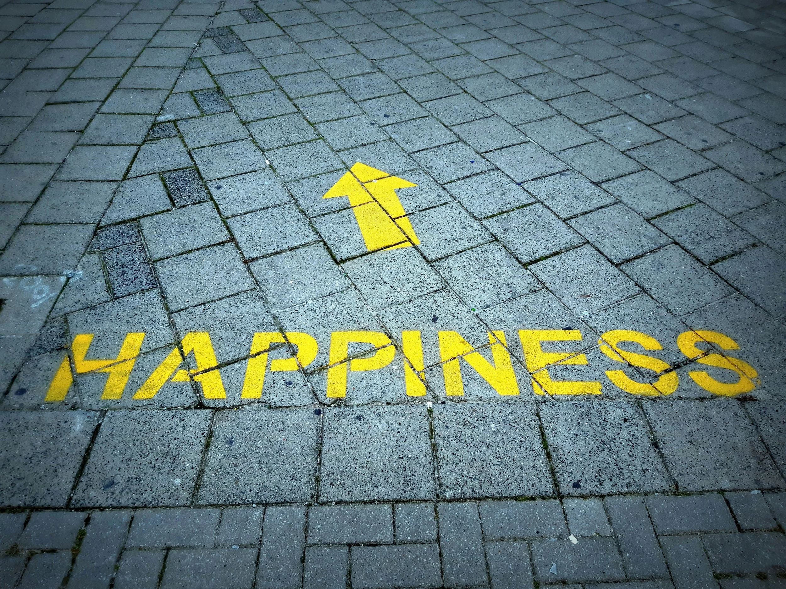 Yellow graffiti spelling “happiness” on brick pavement with an arrow pointing left