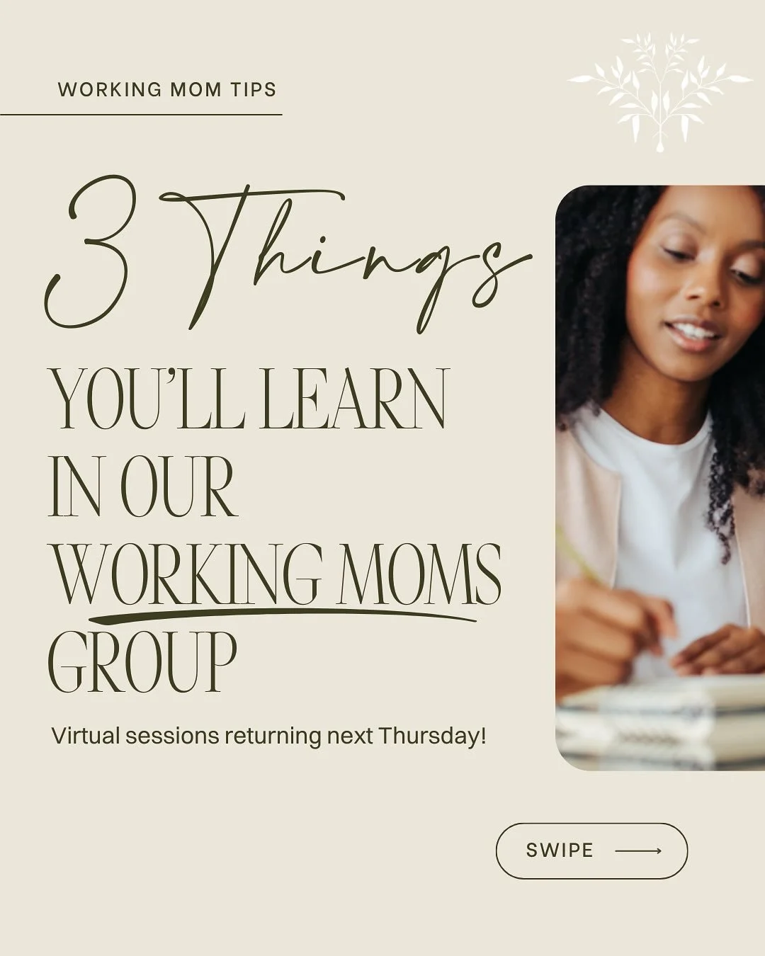 Our Working Moms Group virtual sessions return next Thursday! Register now at the link in bio, then drop your questions for Ali Caravella, our Leadership and Career Coach, to answer live. 🎤