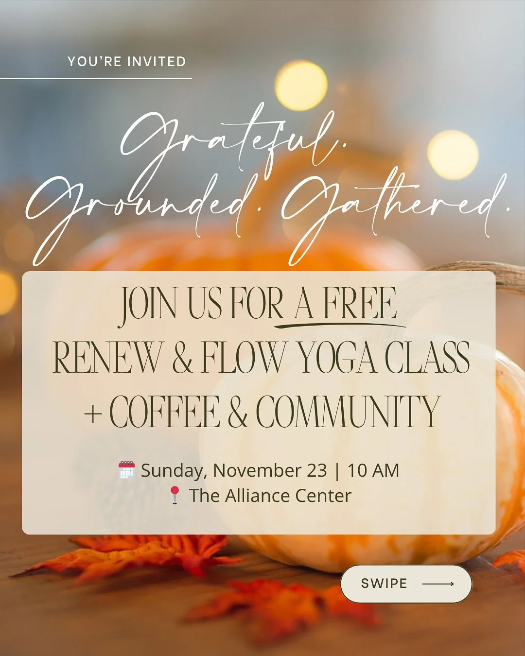 Before you pour into everyone else this Thanksgiving, take a moment to refill your own cup. ☕💛

Join us for a free Renew &amp; Flow yoga class at The Alliance Center on Sunday, Nov. 23 at 10 AM.
You&rsquo;ll stretch, move, and breathe through 45 min