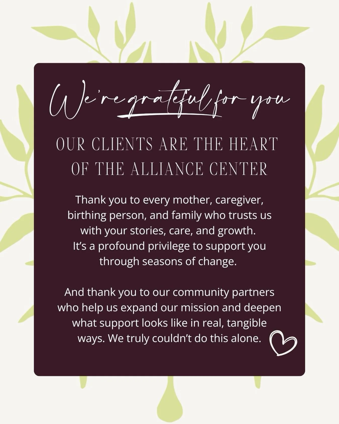Happy Thanksgiving from all of us at The Alliance Center. 🧡 

We&rsquo;re grateful for this community of mothers, families, friends, and partners who make what we do so meaningful.

You show up with courage.
You build community with kindness.
You re