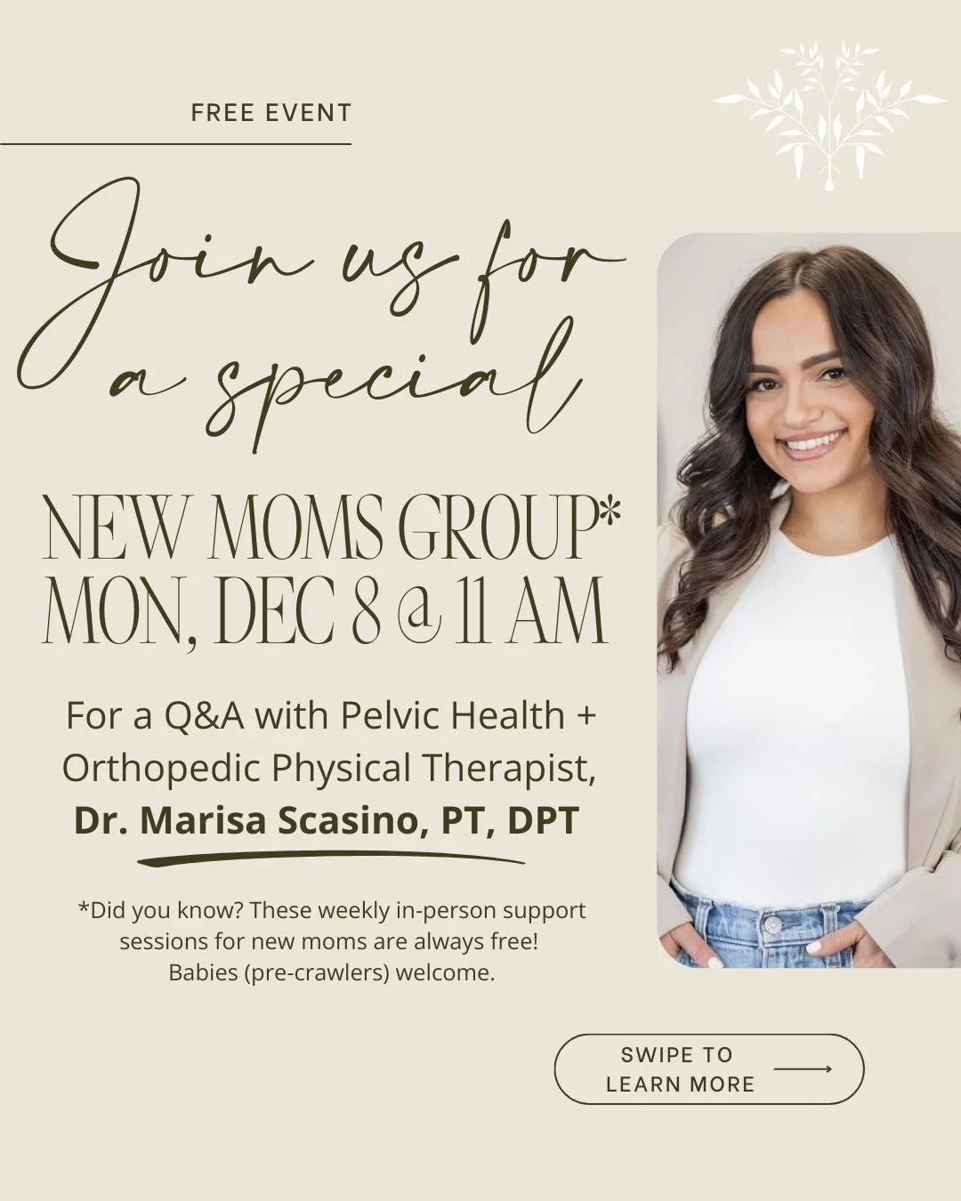 On Monday, December 8 at 11 AM, our New Moms Group will welcome Dr. Marisa Scasino, PT, DPT (@dr.marisadpt), the pelvic floor physical therapist behind @reformptwestport and fellow new mom, for a special Q&amp;A! ✨

We&rsquo;ll talk about:
✨ Healing 