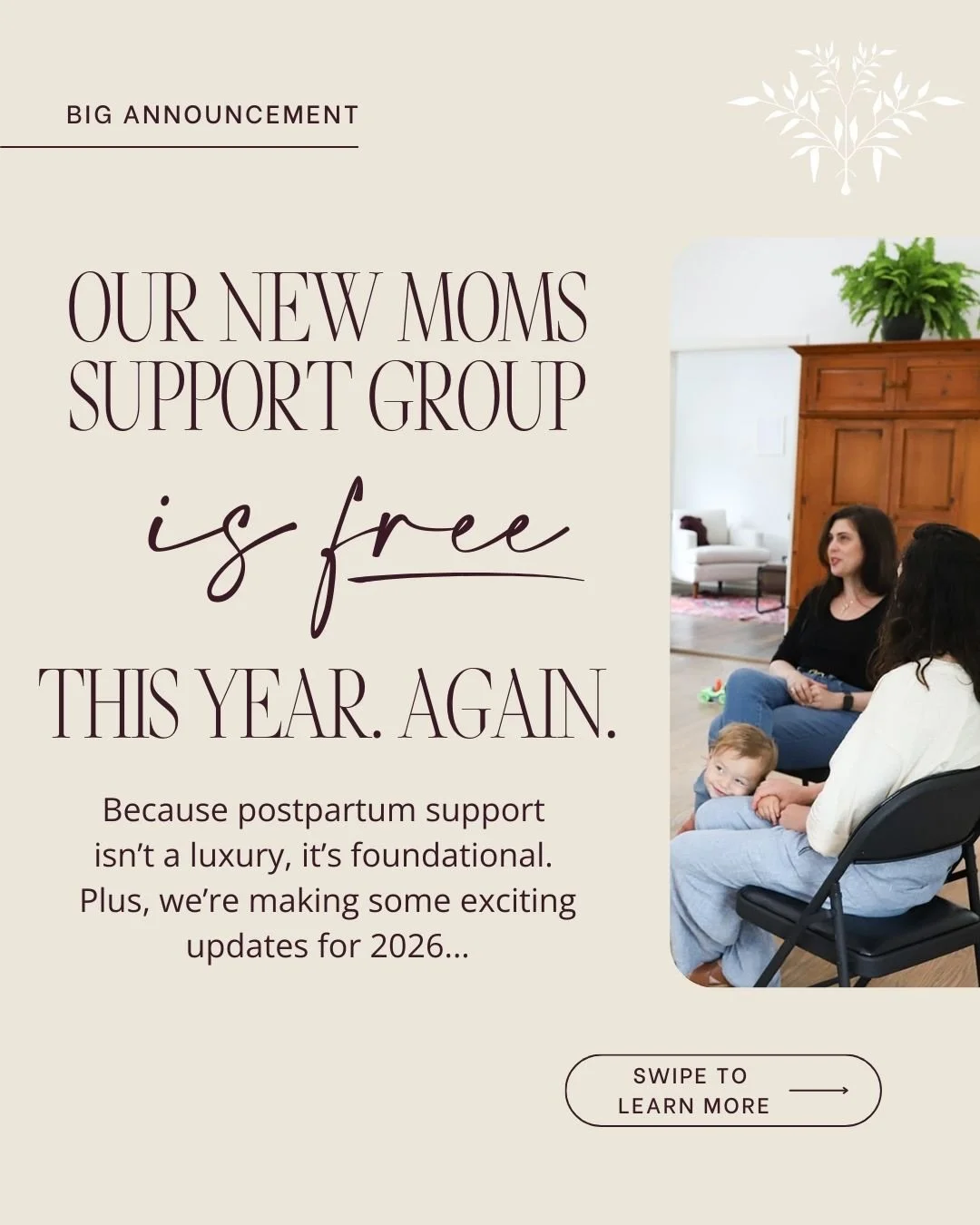 BIG ANNOUNCEMENT 🎉 Our New Moms Group: Postpartum Support Series will be FREE again for all of 2026.

We believe this offering should be accessible, welcoming, and rooted in community without financial barriers or second-guessing.

In 2026, you can 