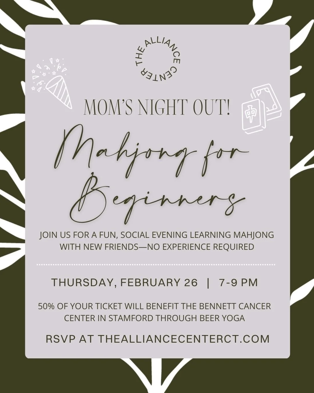 Get ready for a super fun Mom&rsquo;s Night Out! ✨

You're invited to Mahjong for Beginners, a special night at The Alliance Center during which you can learn the popular game and mingle with other local women and moms. The best part? No experience i