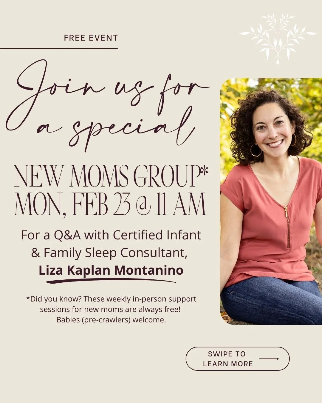 New moms, let's catch up&mdash;and catch more Zzz's&mdash;together. 😴

Join us for our FREE New Moms Group with Liza Kaplan Montanino (@liza_rockabyebabysleep), a certified infant &amp; family sleep consultant and the founder of Rock-a-Bye Baby Slee