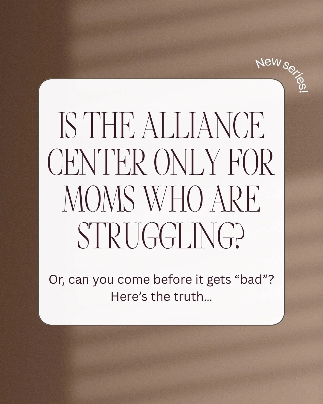 You don&rsquo;t have to be in crisis to come here.

Most moms who walk through our doors are functioning. Capable. Showing up.

They just don&rsquo;t want to wait until they&rsquo;re burned out to get support.

The Alliance Center is for proactive ca
